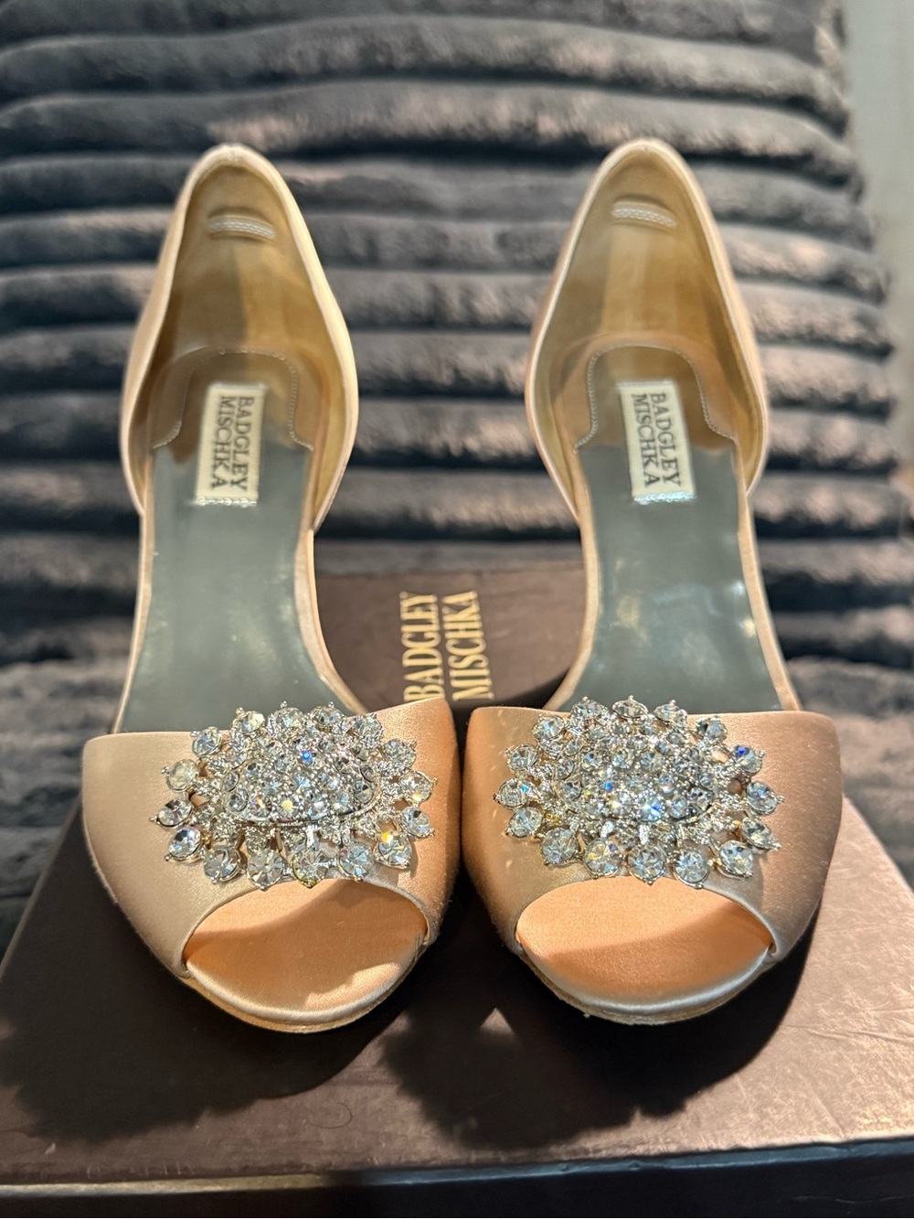Badgley Mischka Blush Satin Crystal-Embellished Peep-Toe Heels